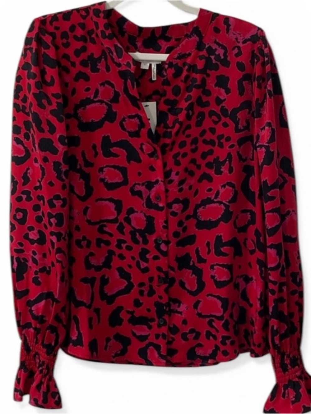 DKNY Women’s Red/Black/Pink Leopard Print Button-Front Blouse Size Large